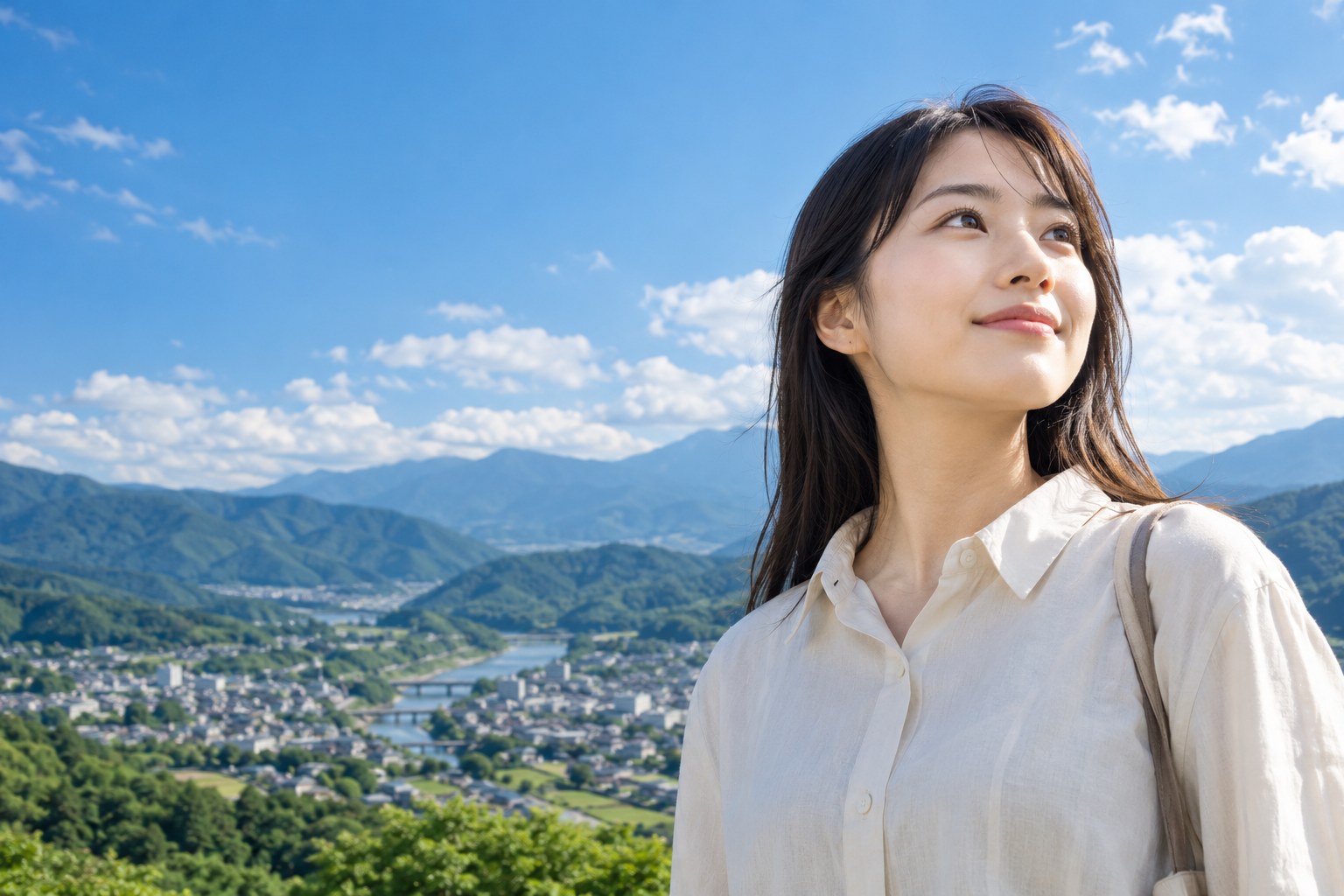 青空と緑の山並みを背景に、未来を見つめる学生のイメージ