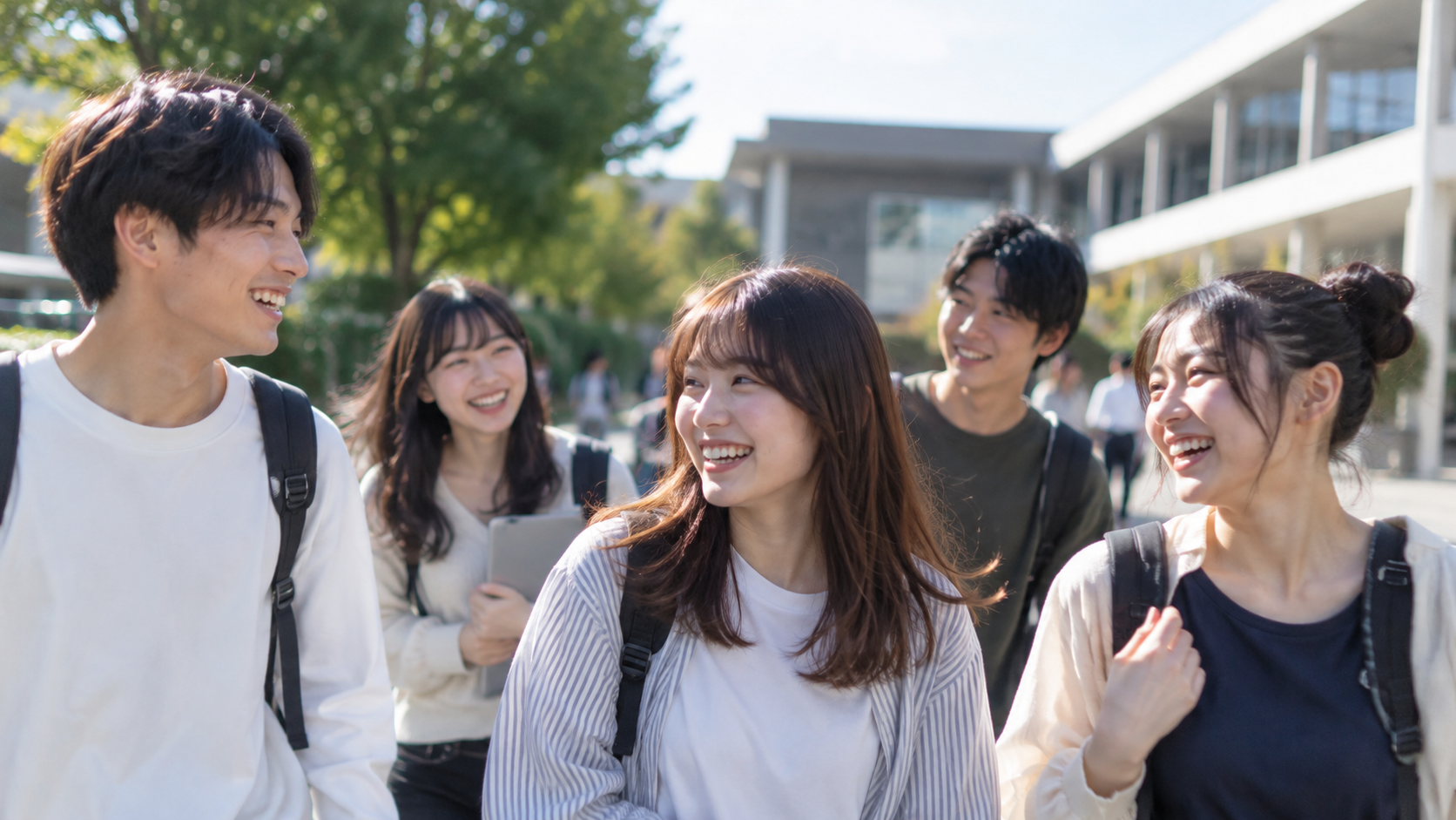 キャンパスを歩きながら笑顔で語り合う仲間たち